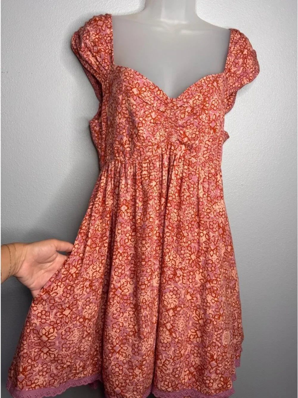 Free People Tabitha Babydoll Mini Dress Orange Pink SZ L Smocked Back Pockets - Picture 2 of 10